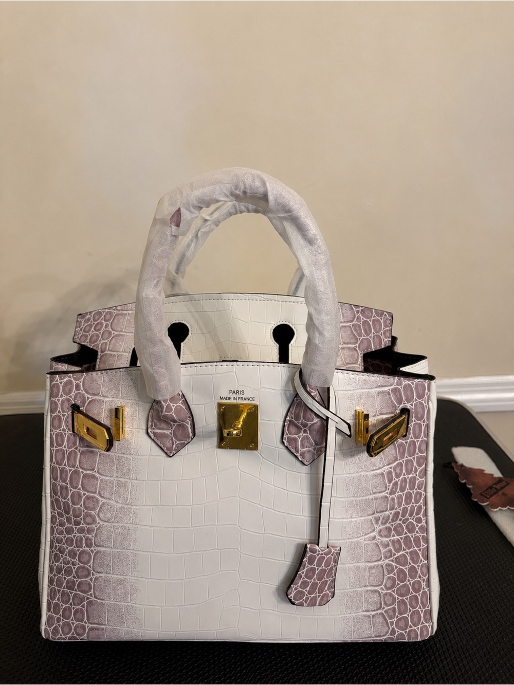 Vegan Leather White and Brown Croc-Satchel Bag with Gold Hardware No Strap